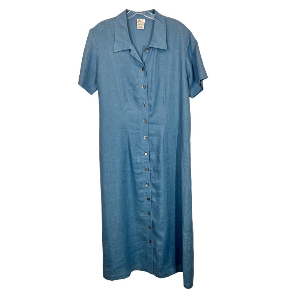 Norm Thompson Vintage 100% linen Button down maxi dress Size M Blue
